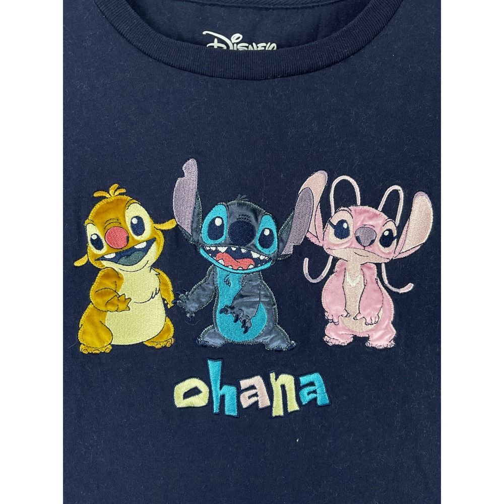 Disney BoxLunch Stitch Ohana T-Shirt Women Large Navy Blue Excellent Embroidered